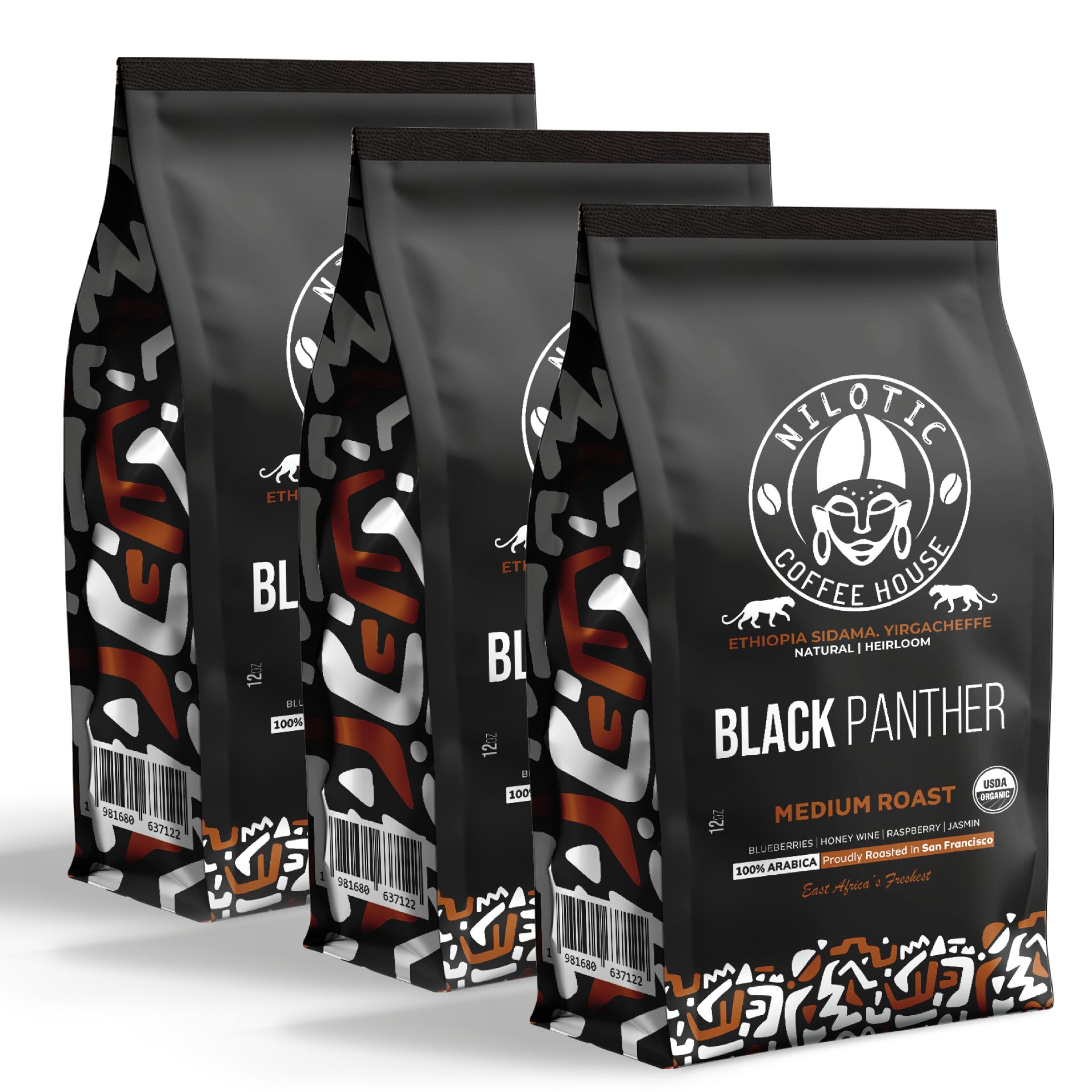 Nilotic Coffee House Ethiopia Sidama Yirgacheffe Black Panther Medium Roast (12oz Pack of 3)